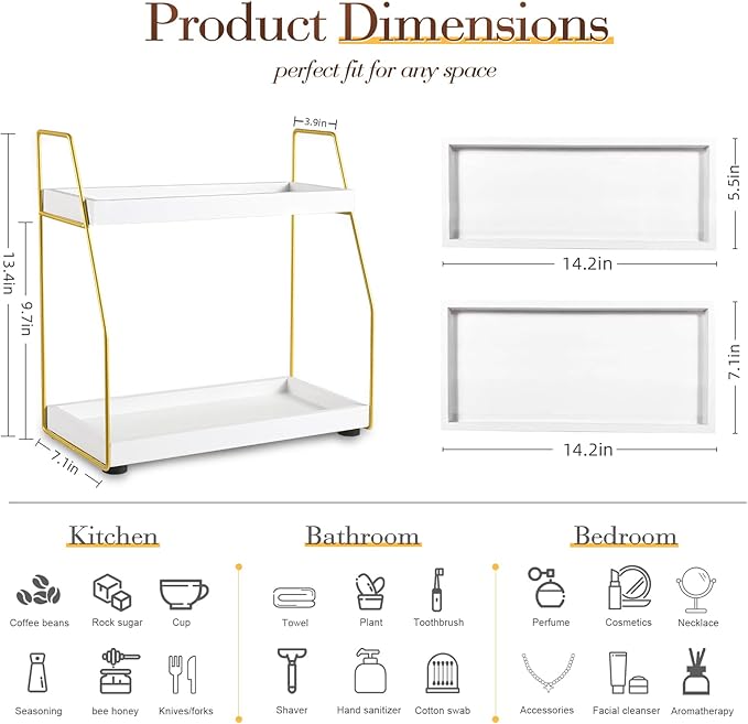 DWTS Bathroom Counter Organizer,Coffee Bar Accessories,2 Tier Bathroom Organizers and Storage Countertop Organizer,Ideal for Makeup Organizers,Perfume Organizers,VanityOrganizer(White/Gold)