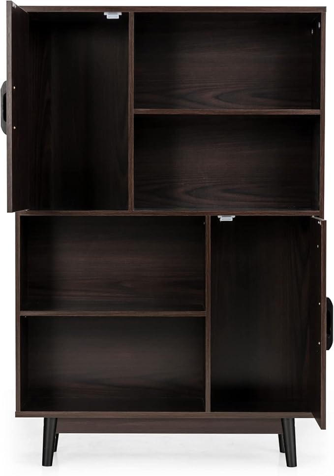 Giantex Storage Cabinet with Legs, Floor Cabinet with Doors, Shelves, Anti-Tipping Device, 4-Tier Bookshelf for Books & Photos, Tall Cupboard in Living Room, Kitchen Buffet Sideboard (Brown)