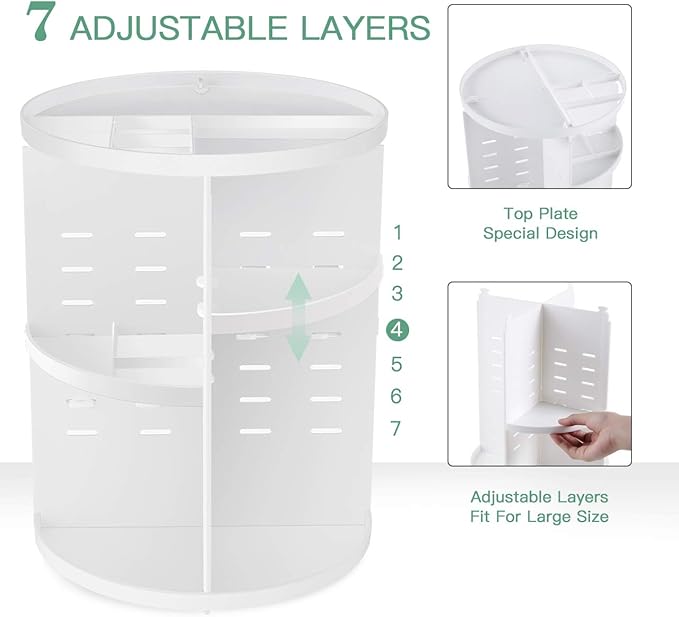 360 Rotating Makeup Organizer,DIY Adjustable Spinning Holder,Foldable Cosmetic Storage Display box,Large Capacity Make up Caddy Shelf,Fits Countertop Vanity and Bathroom (WHITE)-NeatNest