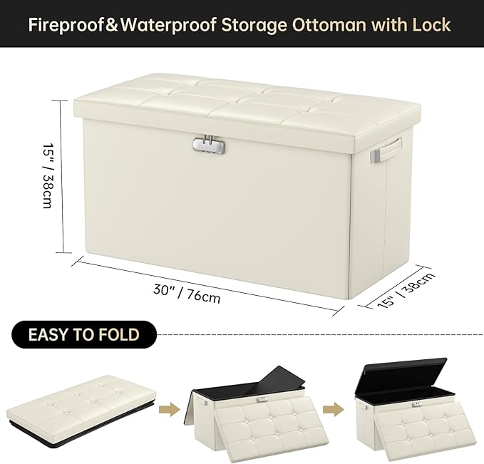 DocSafe Storage Ottoman Bench with Lock,Fireproof 30 Inches Folding Bench Foot Rest Stool Storage Chest Safe for Living Room,Bedroom,Home Office,Waterproof Leather Ottoman with Handles,Beige-NeatNest