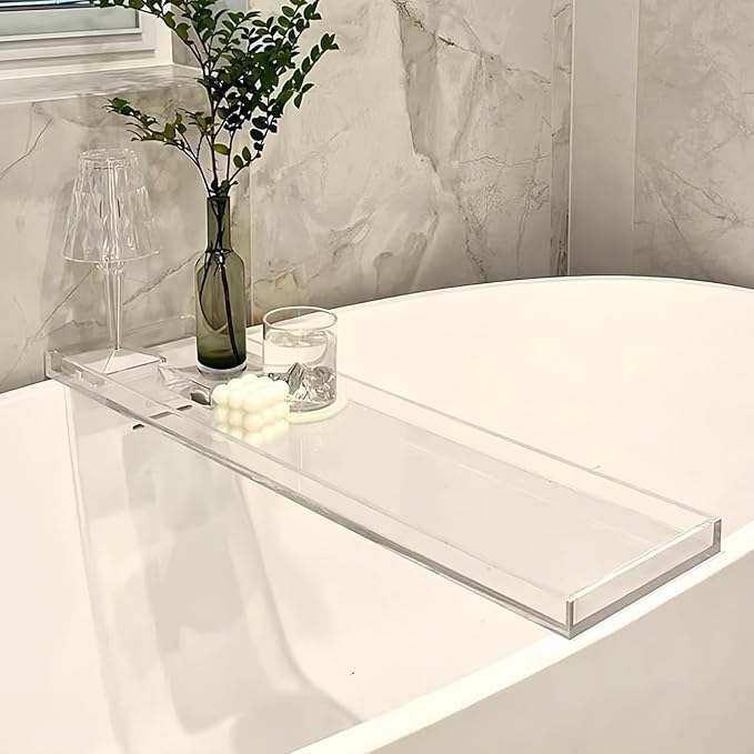 Acrylic Bathtub Tray, 32.28in Clear Bath Caddy, Bathroom Caddy Tray for Bathtub, Acrylic Bathtub Tub for Holds Soap, Towels, Paper Towels, Candles, Body wash, Shampoo, Plants