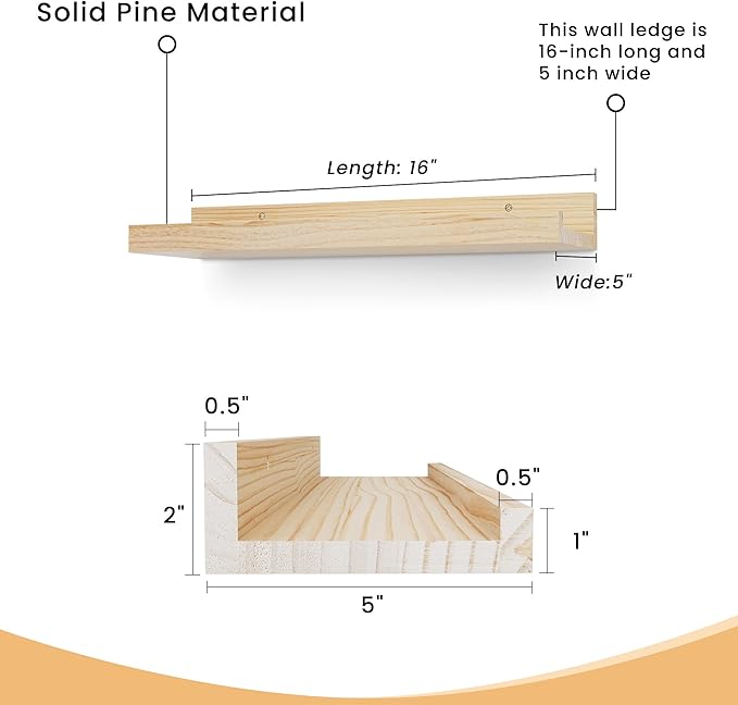 Floating Shelves for Wall, 16 inch Solid Wood Picture Ledge Shelf, Picture Shelf for Wall with Ledge, Floating Book Shelves for living room Bedroom Kitchen Nursery Decor, Natural Unfinished, Set of 2-NeatNest