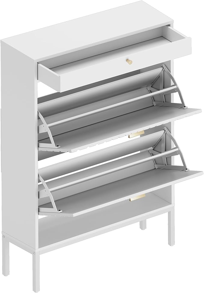 XIAO WEI Shoe Cabinet, Shoe Storage Organizer Cabinet with 2 Flip Half Moon Line Doors, Freestanding Shoe Rack with Adjustable Shelf for Entryway(White-NeatNest