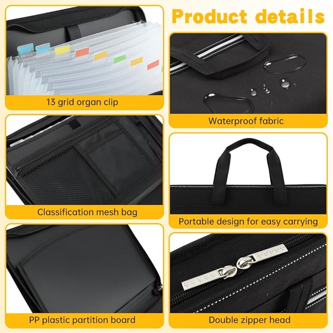 Fireproof Accordion File Organizer,13 Pockets Document Organizer with Handle & Labels,Business Home Portable Fireproof Safe Document Organizer with Zipper for A4 Letter Size File