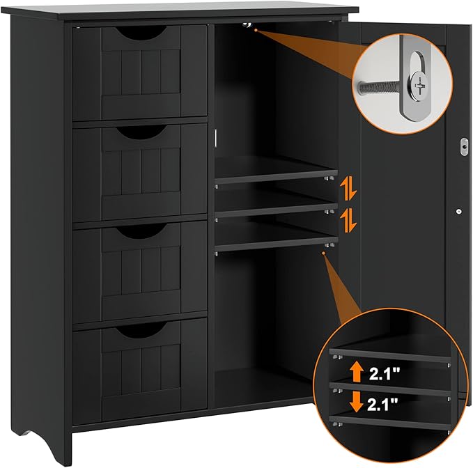 JUMMICO Bathroom Storage Cabinet, Floor Cabinet with 4 Drawers and 1 Adjustable Shelf, Storage Oragnizer for Living Room, Kitchen, Bathroom (Black)