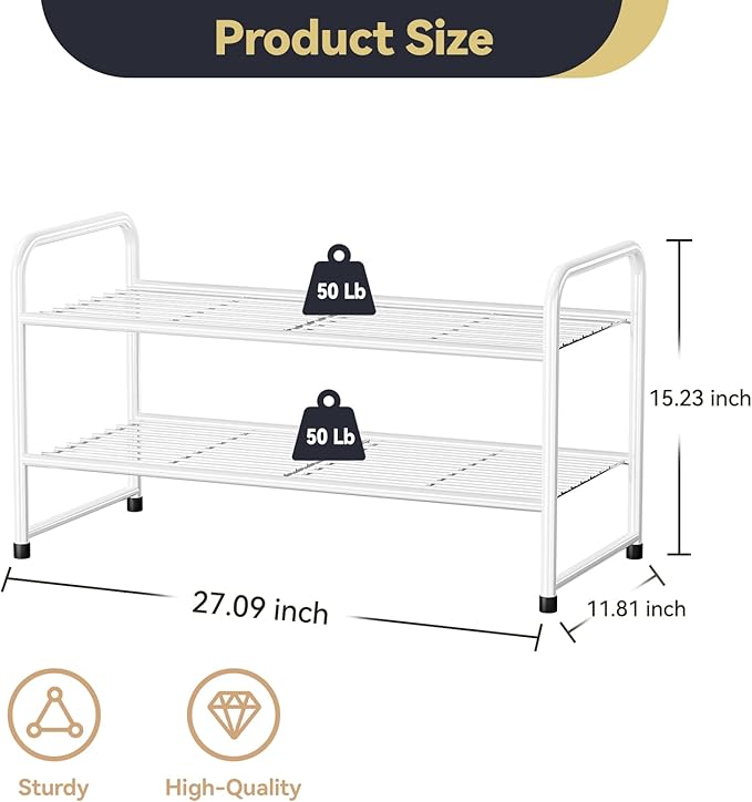 2-Tier 27” Wide Shoe Rack for Closet, Metal Stackable Shoe Shelf Organizer, White-NeatNest