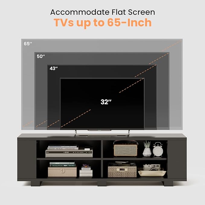 Giantex Modern TV Stand for TVs up to 65 Inch, Wood Entertainment Center w/ 8 Open Storage & Adjustable Shelves, Television Stands w/ 4 Cable Holes, TV Console Table for Living Room, Bedroom (Black)-NeatNest