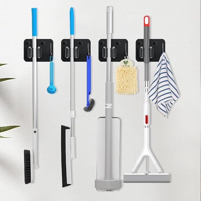 4-Pack Broom Holder with Heavy Duty Hooks, Upgraded Stainless Steel Mop Hanger. Wall Mount Utility Tool Rack for Kitchen Garden Laundry Garage. Matte Black.-NeatNest