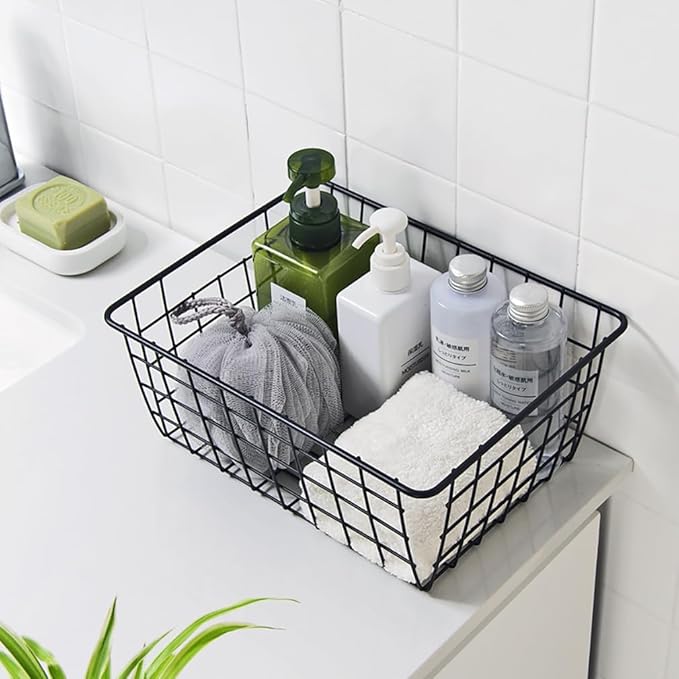 Kitchen Wire Baskets Farmhouse Decor Metal Food Storage Organizer, Household Refrigerator Bin with Built-in Handles for Cabinets,Pantry Set of 2 Black