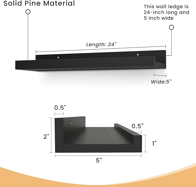 Floating Shelves for Wall, 24 inch Solid Wood Picture Ledge Shelf, Picture Shelf for Wall with Ledge, Floating Book Shelves for Living Room Bedroom Kitchen Nursery Decor, Black, Set of 2-NeatNest