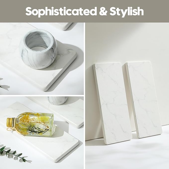 2PCS Diatomite Marble Tray Quick Drying Mat for Kitchen Counter, Water Absorbing Stone Vanity Caddy for Bathroom Sink,Faucet Splash Guard,Soap Dispenser Rack Sponge Holder Organizer, White, 9"x3.5"-NeatNest