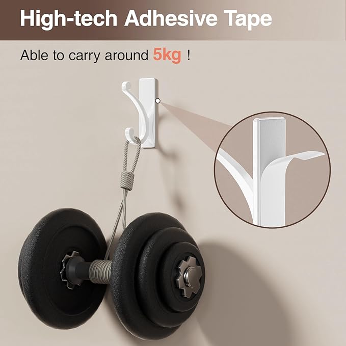 Adhesive Wall Hook for Towel/Coat - Extra Sticky 10LB Stainless, Stick on Hanger for Bath or Shower, White 8-Pack