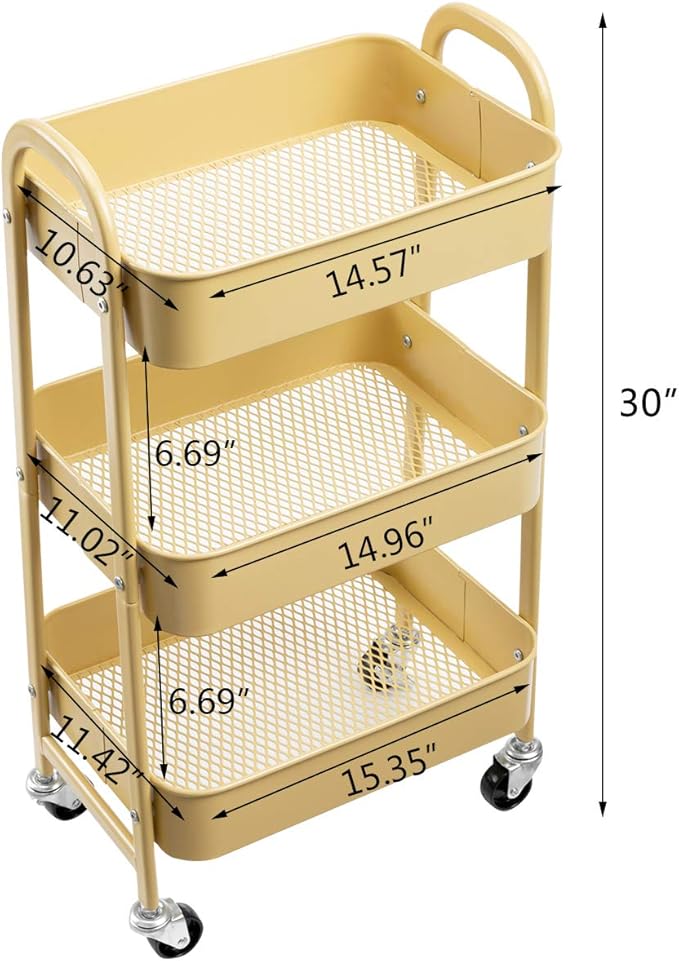 AGTEK Makeup Cart, Movable Rolling Organizer Cart, Khaki Yellow 3 Tier Metal Utility Cart-NeatNest