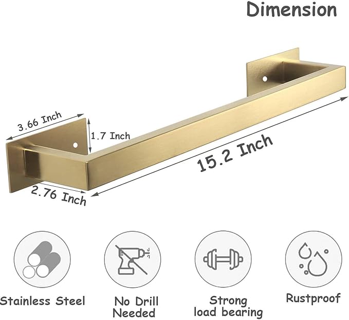 Bathroom Towel Bar Self Adhesive, No Drilling Towel Rack Easy to Install,Hand Towel Holder Made of Premium Stainless Steel Sticky on Hand Towel Hanger for Kitchen, Toilet.(16IN, Gold)-NeatNest