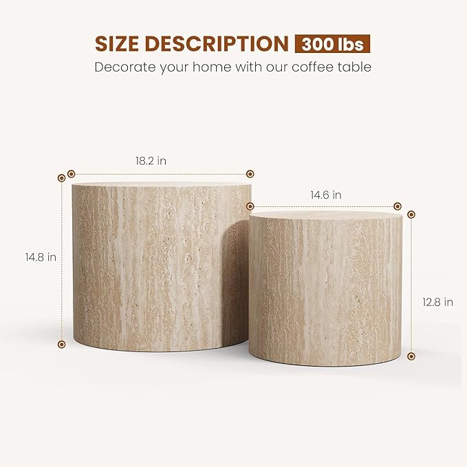 Round Nesting Coffee Table Set of 2 Circle Nested Coffee Tables Modern Travertine Coffee Table Set of 2 Wooden Drum End Side Tables for Living Room Bedroom Small Spaces (Travertine)
