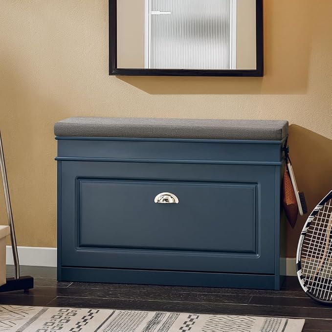 Haotian Shoe Storage Bench with Cushion, Navy Narrow Shoe Rack for Entryway, Small Shoe Cabinet with 2 Tiers Flip-Drawer, Closet Hallway Mudroom FSR82-L-B-NeatNest