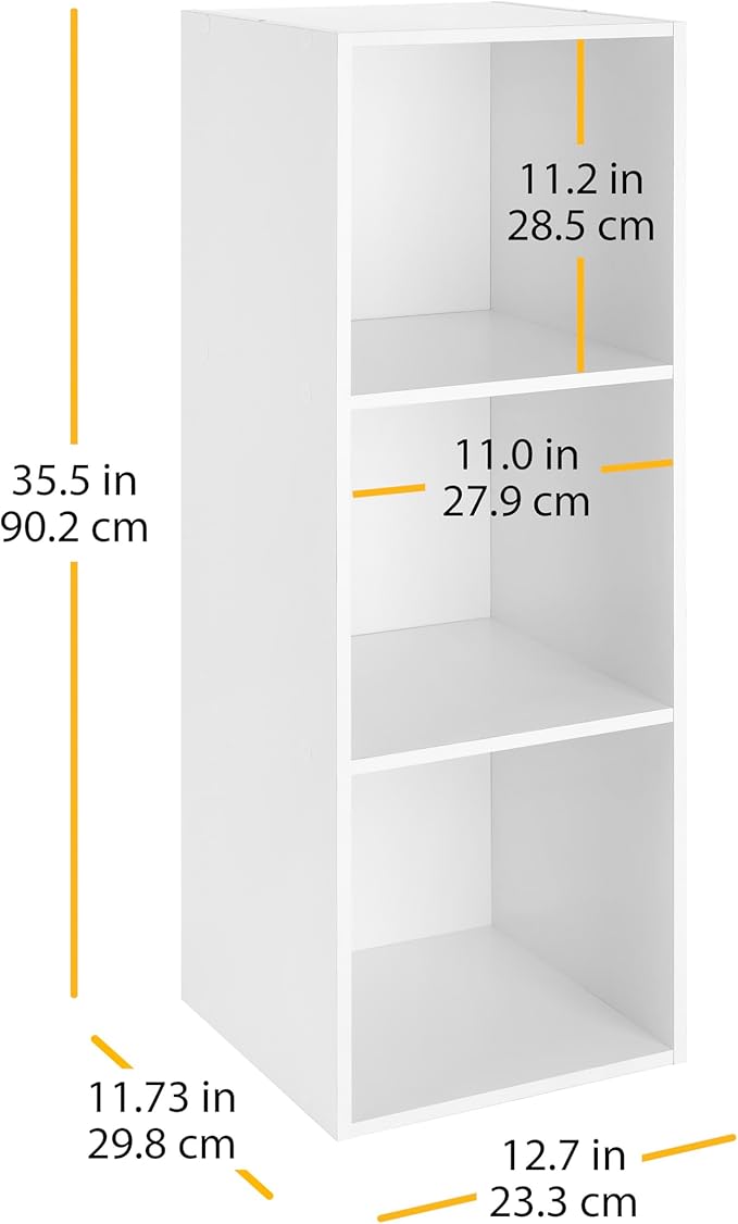 Whitmor 3 Cube Storage Organizer, 3 Tier Stackable MDF Wood Bookcase, Open Storage Display Bookshelf, Storage Cabinet for Living Room, Bedroom, Home, Office, 12.7" L x 11.7" W x 35.5" H, White-NeatNest
