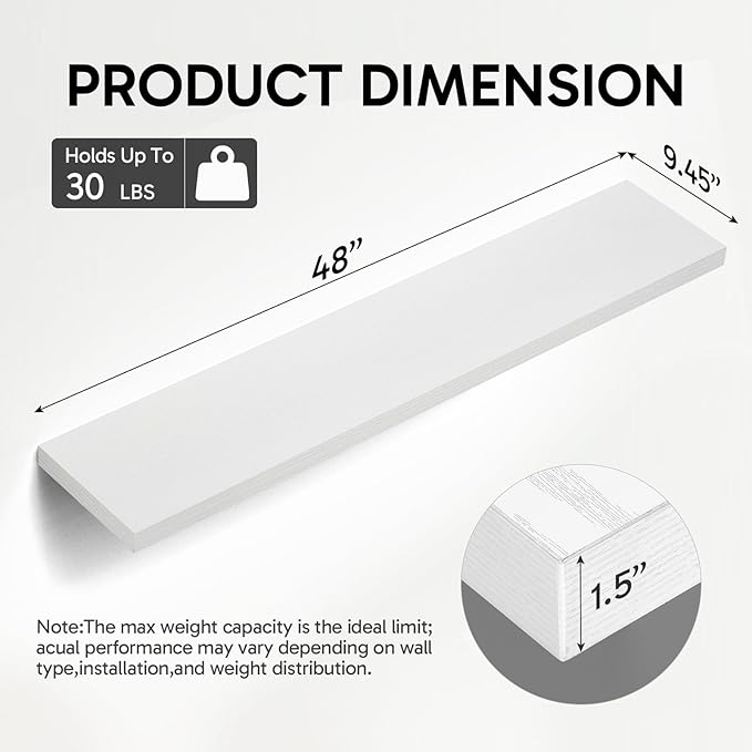 BAYKA Floating Shelves, 48 inches Long Heavy Duty Wall Mounted Rustic Wood Shelves for Bathroom, Bedroom, Living Room, Kitchen, Office, Hanging Shelf for Books/Storage/Decor(White,Set of 2)-NeatNest
