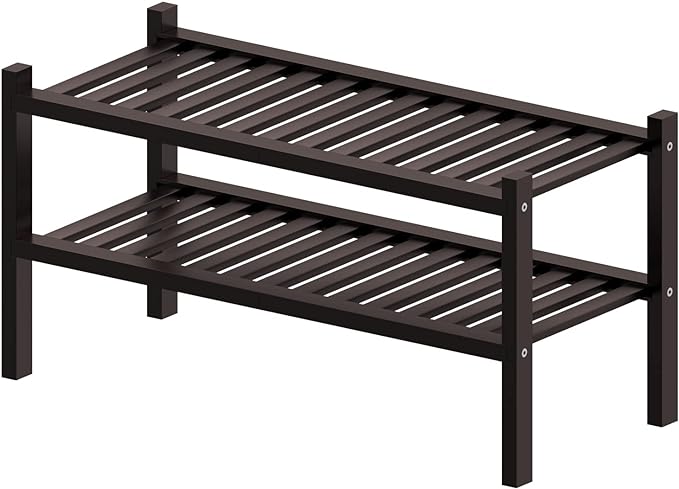2 Tier (Thick) Bamboo Shoe Rack for Closet Free Standing Wood Shoe Shelf for Entryway Small Space Stackable 27"x12"x14" (Black Brown)-NeatNest