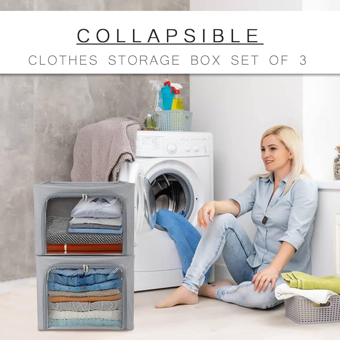 Stackable Clothes Storage Box for Clothing Gadgets,Steel Frame Storage Bins for Toys Gift,Foldable Oxford Fabric Closet Organizer Bag Set w/ Carry Handles Clear Window (Medium- 40L x3 Pack, Grey)-NeatNest