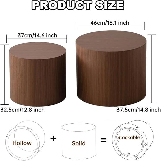 Round Nesting Coffee Table Set of 2 Modern Wooden Drum Coffee and End Table Sets Rustic Small Side Tables Circle Accent Center Tables for Living Room Apartment,No Assembly,Dark Wood