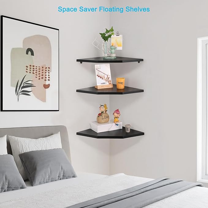 Corner Wall Shelves, Wood Corner Floating Shelves with Cable Raceway, Wall Mount Storage Display for TV Accessories, Monitor, Speaker, Cable Box, Game Console (Black, Diamond- 12 Inch)-NeatNest