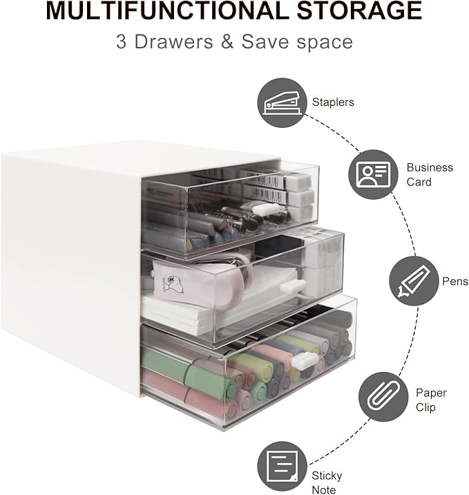Desk Organizer with Drawer, Desk Storage Box, Plastic Office Stationery Supplies Organizers, Desktop Organizer for Office School Home (3 drawer, White)-NeatNest