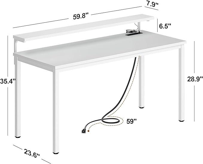 Need 60 inch Computer Desk with LED Lights & Power Outlets, Large Home Desk with Monitor Shelf, Writing Table Gaming Desk Home Office Desk, White-NeatNest