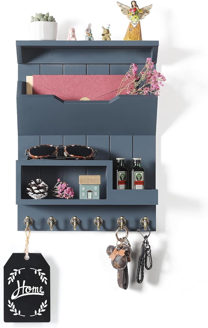 DOPACE Key Holder for Wall, Mail Organizer Wall Mounted, Mail and Key Organizer with 6 Key Hooks for Entryway and Home Decor, Gray
