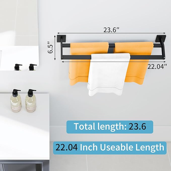 Double Towel Bar,24Inch Towel Rack for Bathroom Wall Mounted,Stainless Steel Bathroom Towel Holder Towel Hanger Rod for Wall,Matte Black