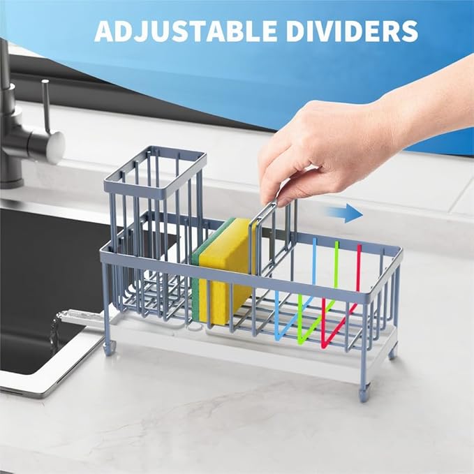Cisily Blue Gray Sponge Holder for Kitchen Sink, Sink Caddy Organizer with High Brush Holder, Kitchen Countertop Organizers and Storage Essentials, Rustproof 304 Stainless Steel, Soap Dispenser-NeatNest