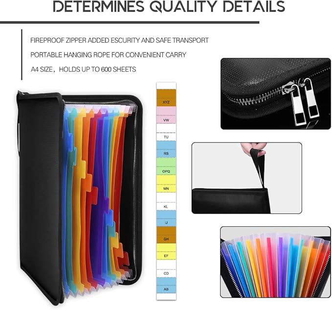 Fireproof Document Bag Fire & Water Resistant File Folder A4 Size 12 Pockets Fireproof Waterproof Safe Document Holder, Non-Itchy Silicone Coated Portable Filing Pouch for Legal Document(Colorful)