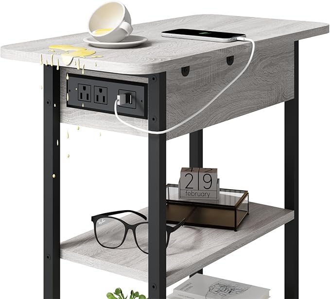 LIDYUK End Table with Charging Station, Flip Top Side Table with USB Ports and Outlets, Nightstand for Small Spaces, Bedside Tables with Storage Shelf for Living Room, Bedroom, Light Grey