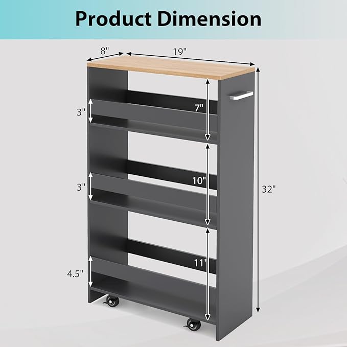 POWERSTONE 4-Tier Slim Storage Cart, Narrow Kitchen Rolling Cart w/Handle & Open Shelves, Skinny Slide Out Utility Organizer Trolley for Kitchen Bathroom Laundry Small Spaces Grey & Natural