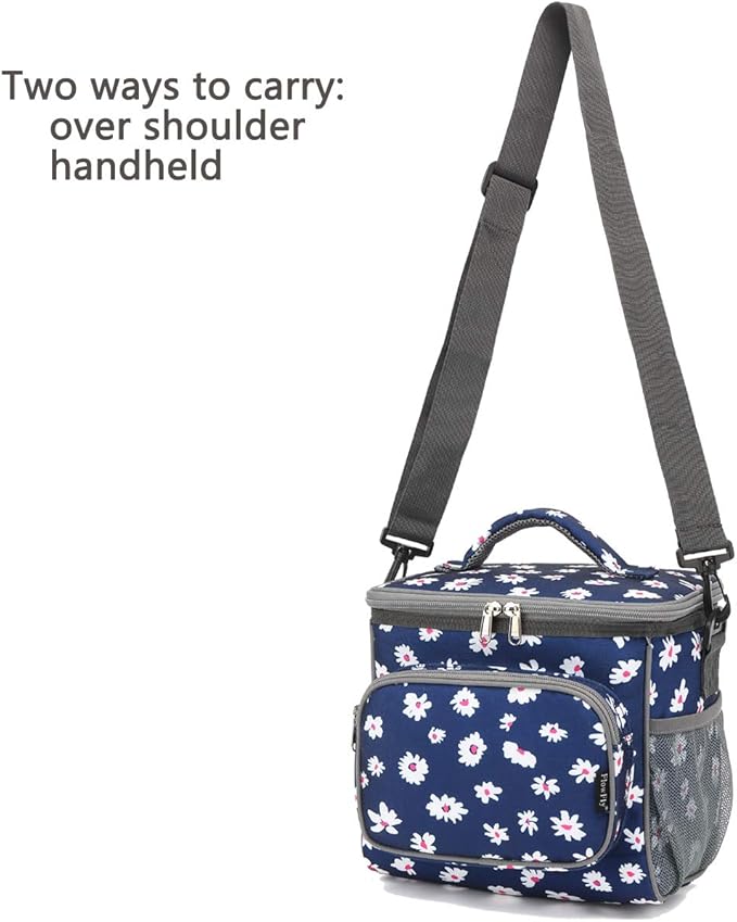 FlowFly Insulated Reusable Lunch Bag Adult Large Lunch Box for Women and Men with Adjustable Shoulder Strap,Front Zipper Pocket and Dual Large Mesh Side Pockets,Daisy-NeatNest