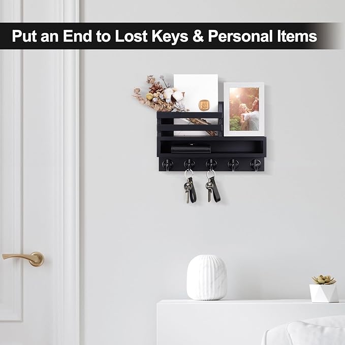 Key and Mail Holder Wall Mount, Key Hanger with Long Storage Box and 5 Hooks for Coat, Dog Leash, Home Decor Rack, House Accessories, Entry Way Organizer 11.8”W x 7.8”H x 3.2”D