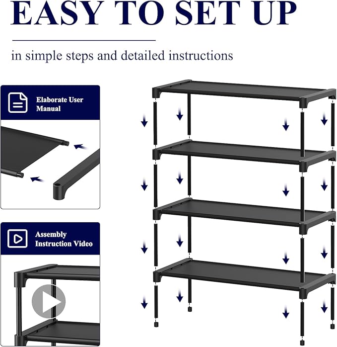 Kitsure Shoe Rack - Non-Woven Shoe Rack Shelf, Shoe Organizer for Closet, Entryway, Garage & Corridor, Stackable Shoe Shelves, X-Large, Black