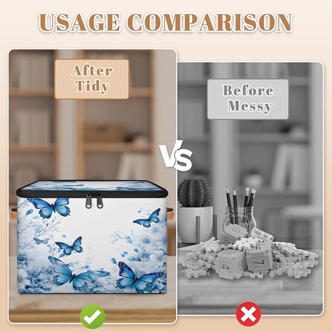 Blue Butterfly Storage Bins with Zipper Lid, Spring Floral Lidded Storage Baskets Boxes Foldable Organizer with Leather Handles for Clothes Closet Shelf Toys-NeatNest