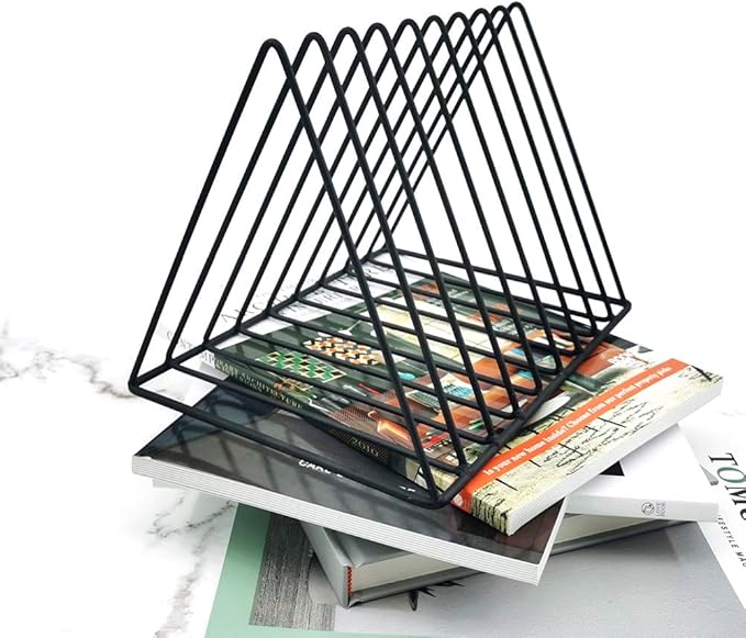 EASEPRES 9 Slot Magazine Rack Book Record Holder, Desktop Iron Storage Rack Bookshelf Multifunction Triangle File Organizer Sorter for Decor Home Office, Black Pack of 2