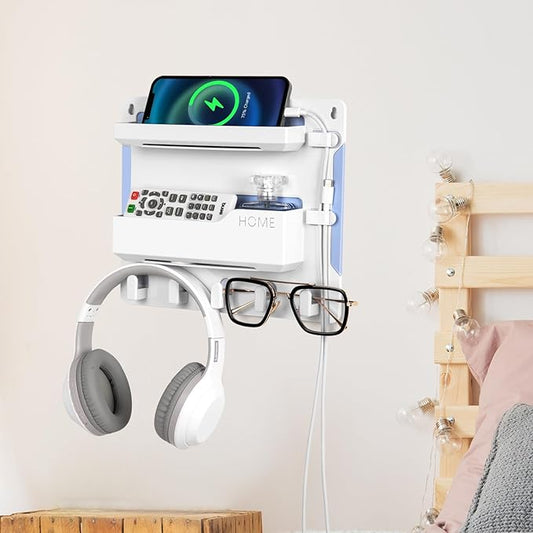 Bedside Wall Mount Shelf, Adhesive Organizer for Remote, Phone, Glasses. Accessories Storage Suitable for College Dorm, Bunk Bed, Bedroom, RV (White)-NeatNest