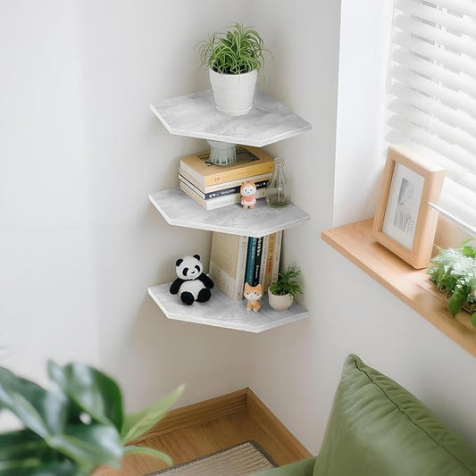 Corner Shelf Wall Mounted, Floating Corner Shelves Set Wall Shelf Organizer, Rustic Wood Storage Display Shelves for Living Room Bedroom Bathroom Kitchen (White-3Pcs)-NeatNest