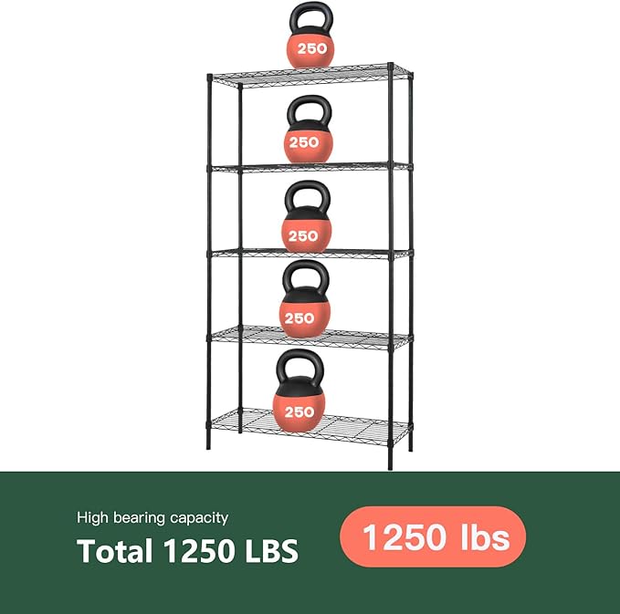 14" D×36" W×72" H Wire Shelving Unit Commercial Metal Shelf with 5 Tier Adjustable Layer Rack Strong Steel for Restaurant Garage Pantry Kitchen Garage,Black