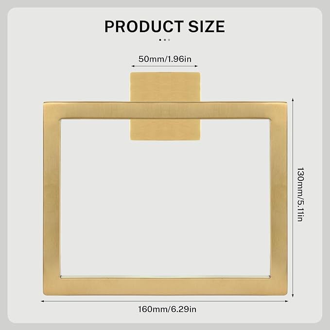 2-Piece Brushed Gold Square Towel Ring,Hand Towel Holder,SUS304 Stainless Steel Modern Towel Holder Wall-Mounted Bathroom Towel Ring
