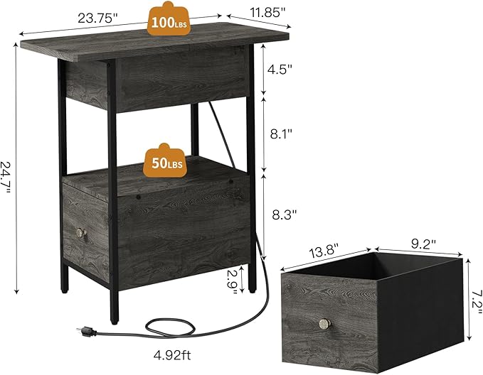 SOOWERY End Table with Charging Station, Narrow Side Table with Flip Top Cabinet and Fabric Drawer, Nightstand Bedside Tables for Small Spaces, Bedroom, Living Room, Dark Grey