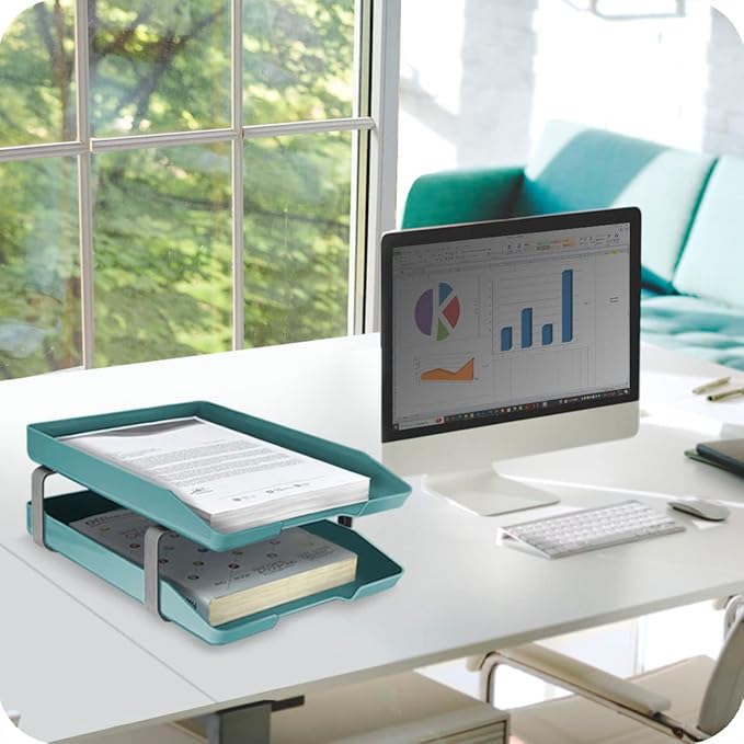 Acrimet Traditional 2 Tier Letter Tray, Front Load Design, A4 Letter Size, Desktop Organizer (Plastic) (Solid Green Color)-NeatNest