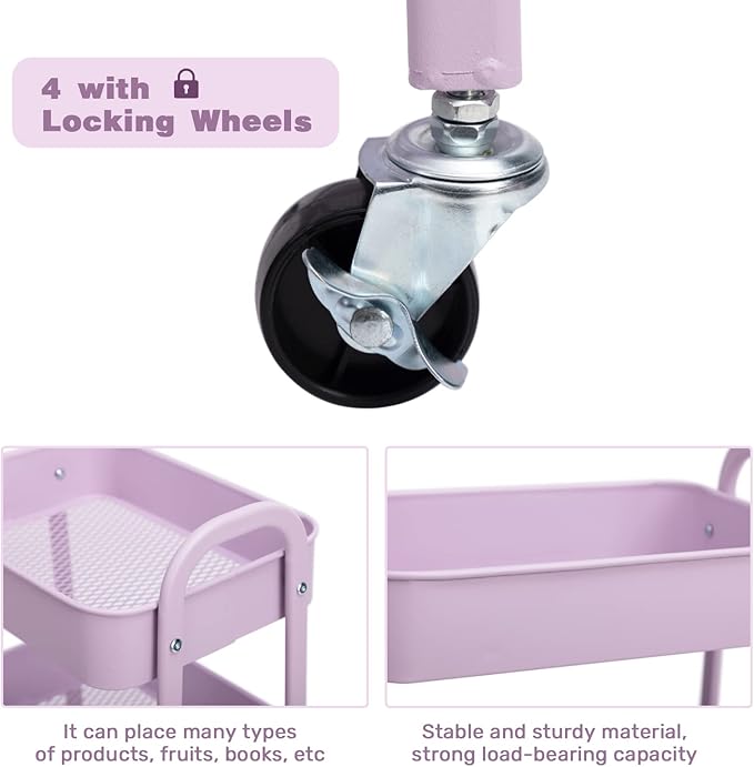 AGTEK Makeup Cart, Movable Rolling Organizer Cart, 3 Tier Metal Utility Cart with Lockable Wheels for Home & Office, Purple-NeatNest