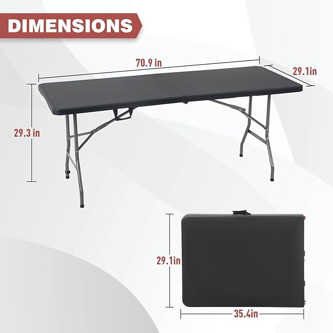 Folding Table 6 FT Heavy Duty Plastic Foldable Table with Carrying Handle for Garden Party Picnic Camping BBQ Dining Kitchen Wedding Market Events, Black-NeatNest