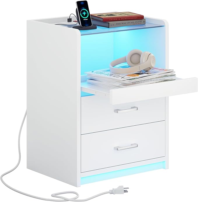 VIAGDO White Nightstand with Charging Station and LED Lights, 2 Drawers LED Night Stand with Tempered Glass Tabletop, Modern End Side Tables with Pull-Out Tray, Open Storage Bedside Tables