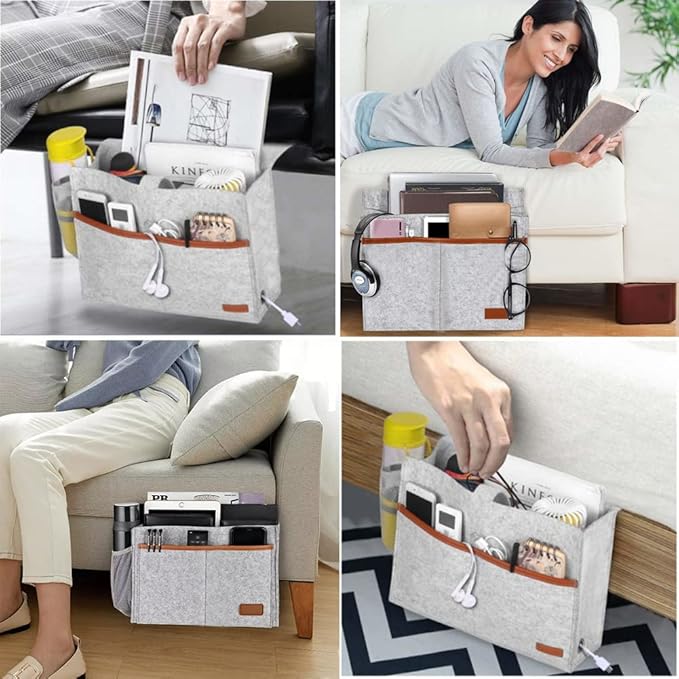 Bedside Caddy,Felt Bedside Storage Organizer, Hanging Storage for Dorm Bed Sofa for tablet Magazine Phone Remotes and Water Bottle Holder (Light Grey)-NeatNest