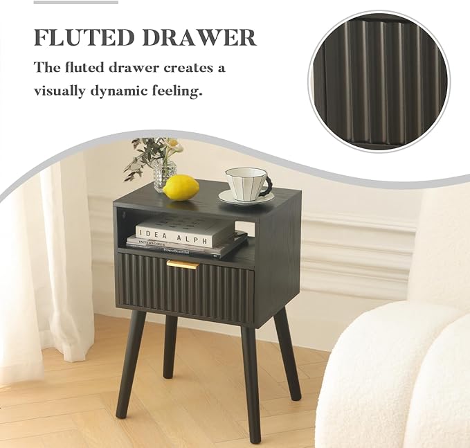 Black Nightstand, Modern Bedside Table with Fluted Drawers, Small Night Stand with Storage and Solid Wood Legs for Bedroom, Dorm and Small Space (Black)-NeatNest
